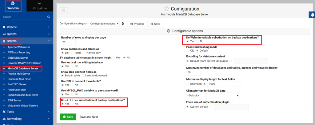 webmin mariadb backup settings