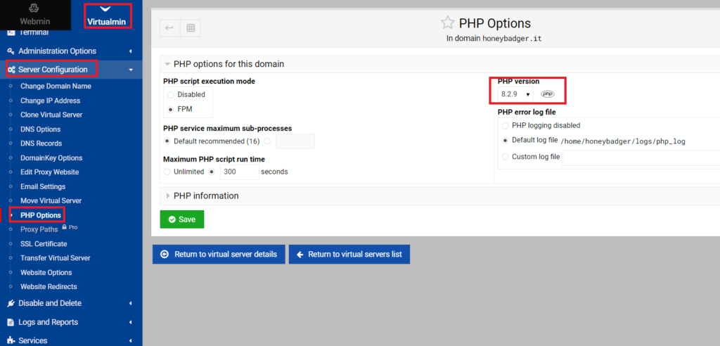 virtualmin change server php version