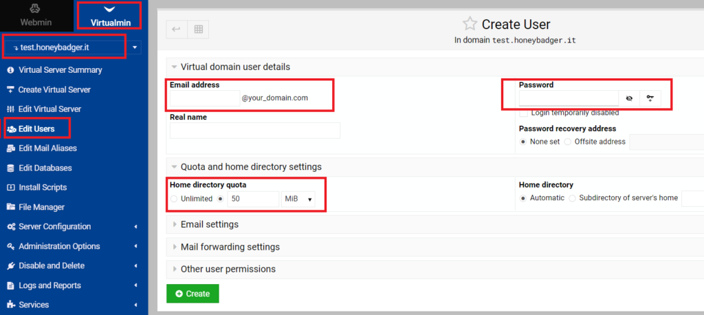 virtualmin create email address