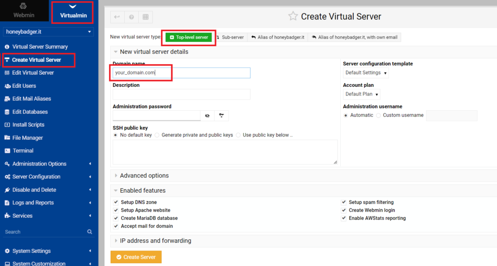 virtualmin create virtual server