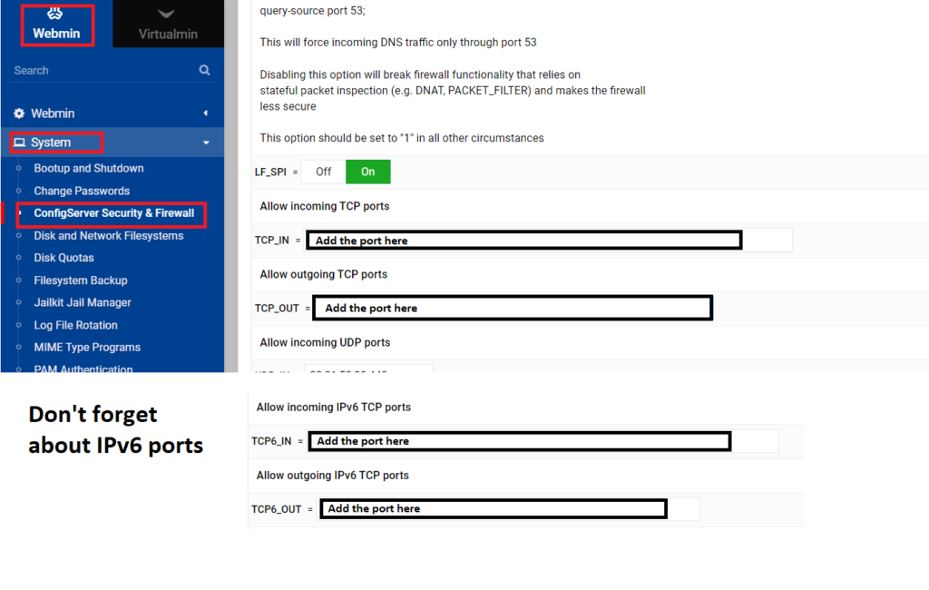Virtualmin allowed ports