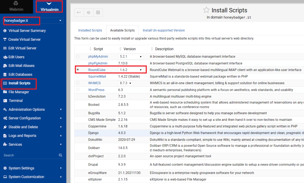 virtualmin install scripts