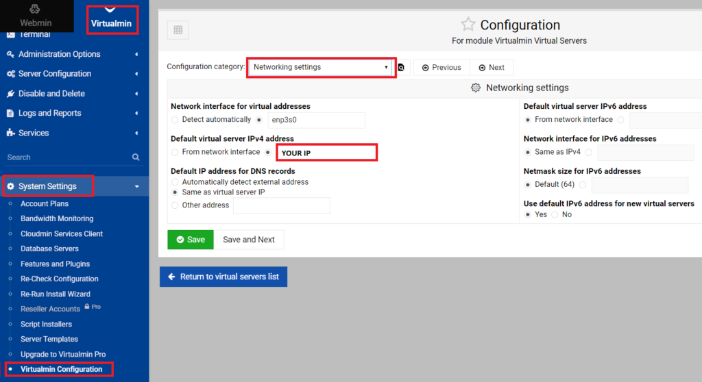 Virtualmin set your IP