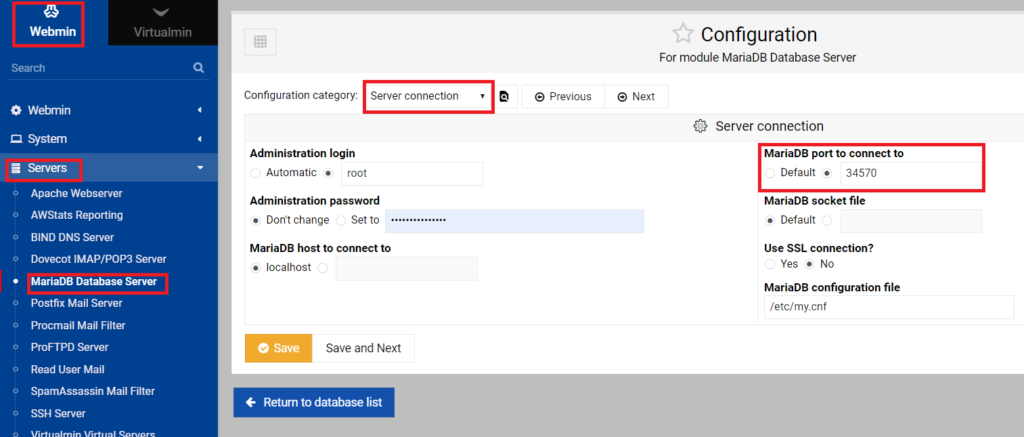 webmin change mysql port mariadb