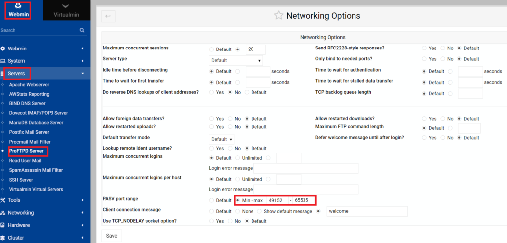 virtualmin proftpd change ports
